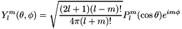 \[ Y_l^m (\theta,\phi) = \sqrt{\frac{(2l+1)(l-m)!}{4\pi(l+m)!}} P_l^m(\cos\theta)e^{im\phi}\]